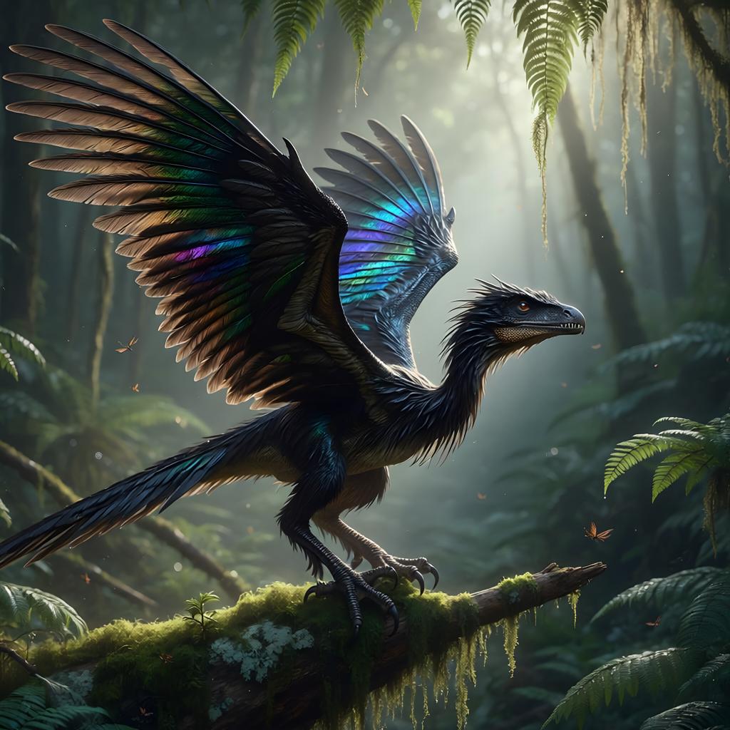 AI image of Microraptor with iridescent wings