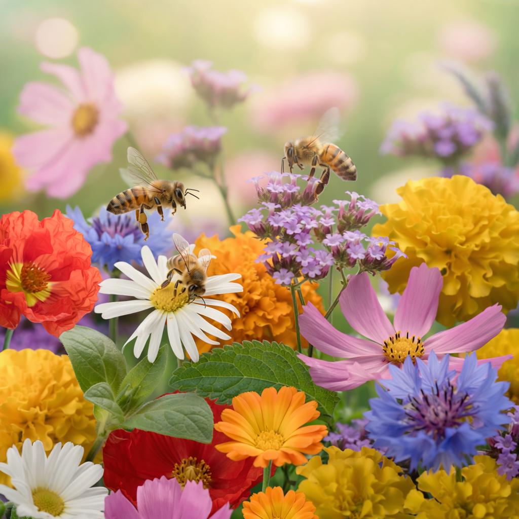 AI-generated image of bees polinating flowers
